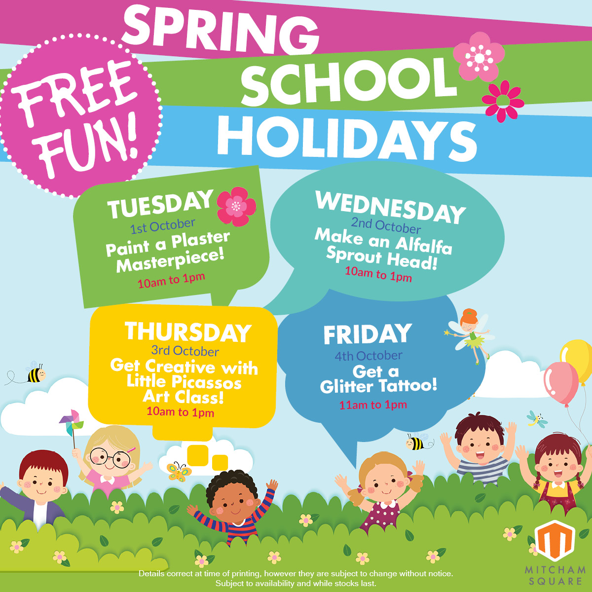 Heaps of FREE Springtime Fun for the kids this October School Holidays at Mitcham Square