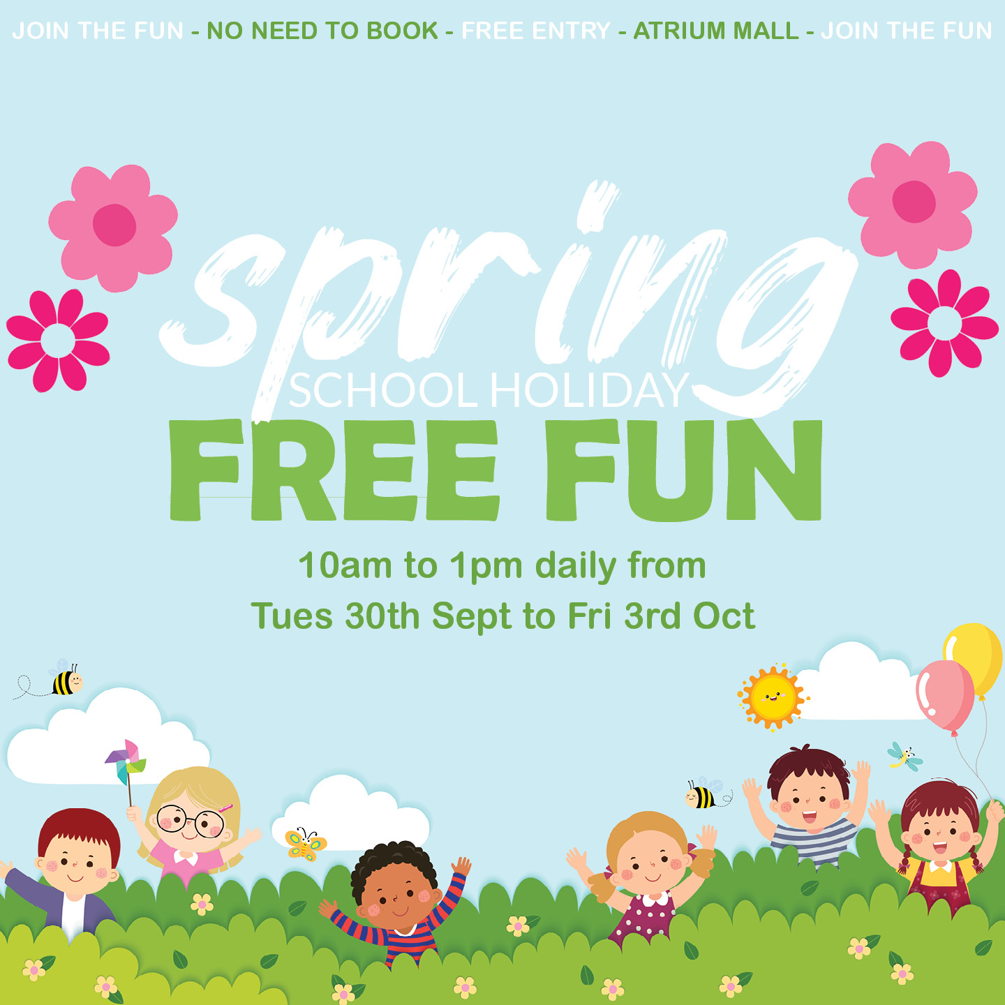 MITCHAM – Oct School Hols 2025_1080x1080px Heaps of FREE Springtime Fun for the kids these School Holidays at Mitcham Square Shopping Centre